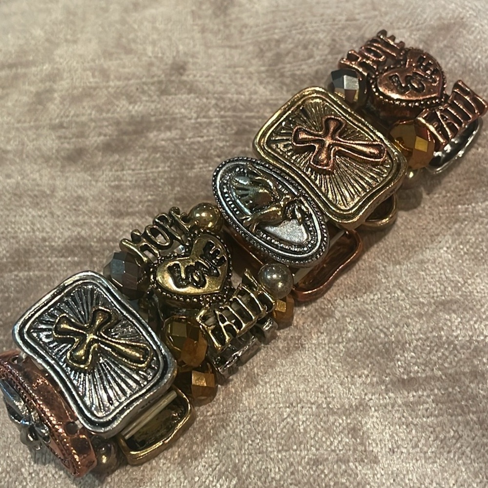 Gold and Silver and Copper Square Christian Cross Element Bracelet 6.5-8”